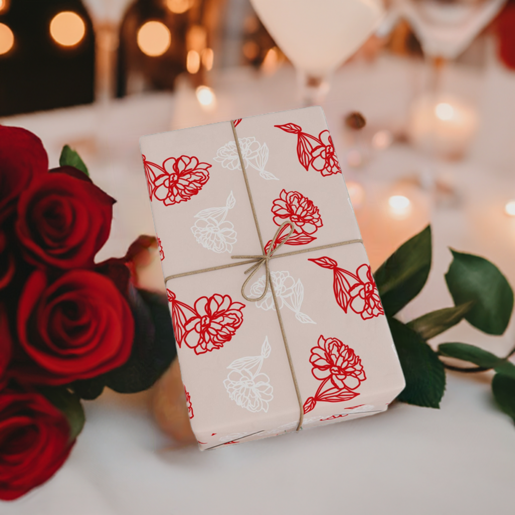 Valentine Pink and White Rose Etches Floral Wrapping Paper