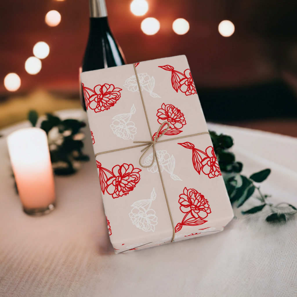 Valentine Pink and White Rose Etches Floral Wrapping Paper