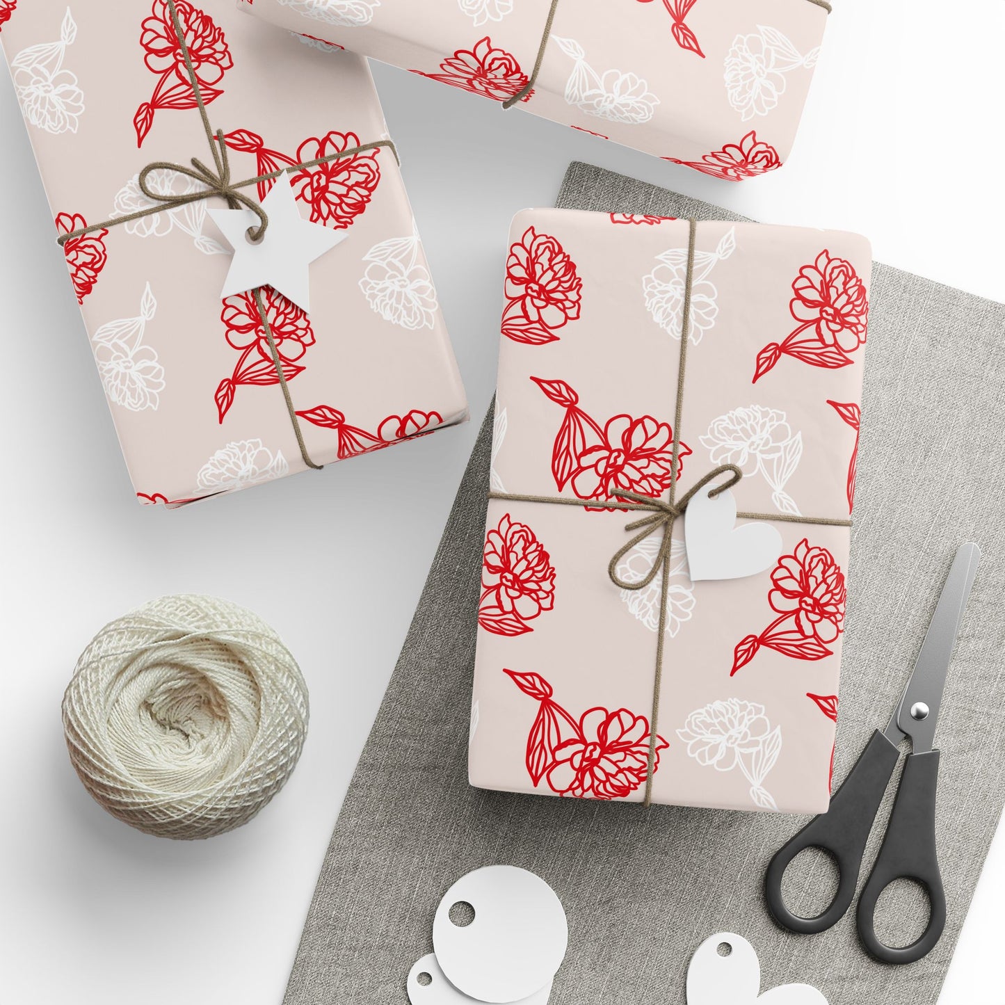 Valentine Pink and White Rose Etches Floral Wrapping Paper