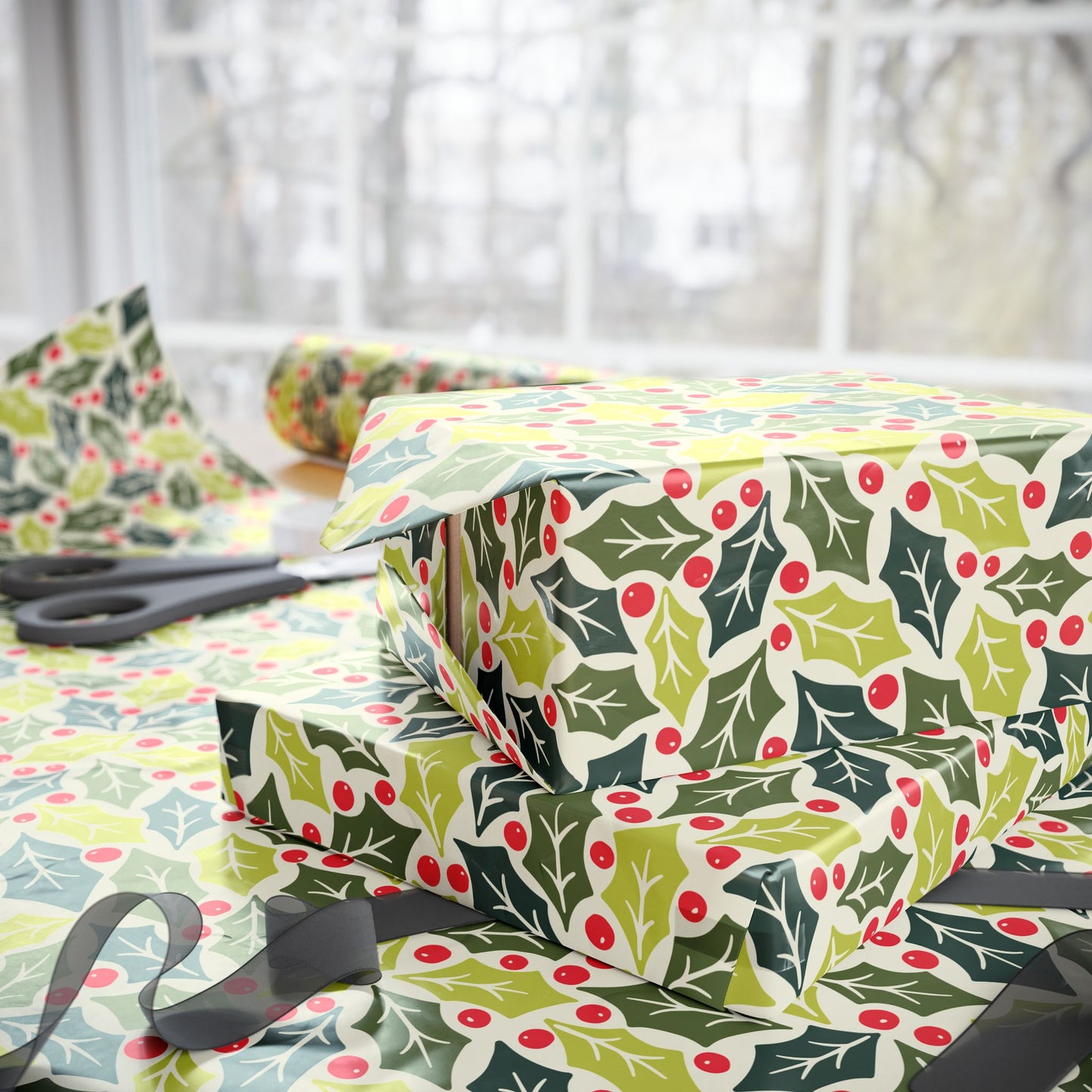 Retro Holly Berry festive Holiday Wrapping Paper