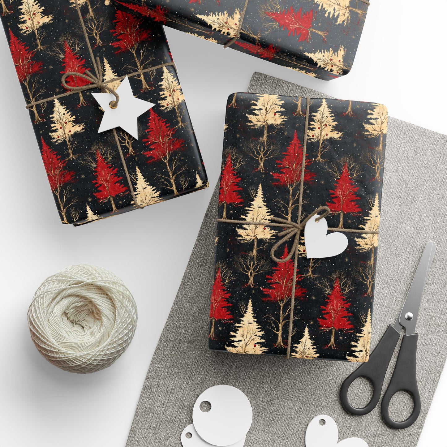 Gold & Red Dark Themed Holiday Trees Gift Wrapping Paper