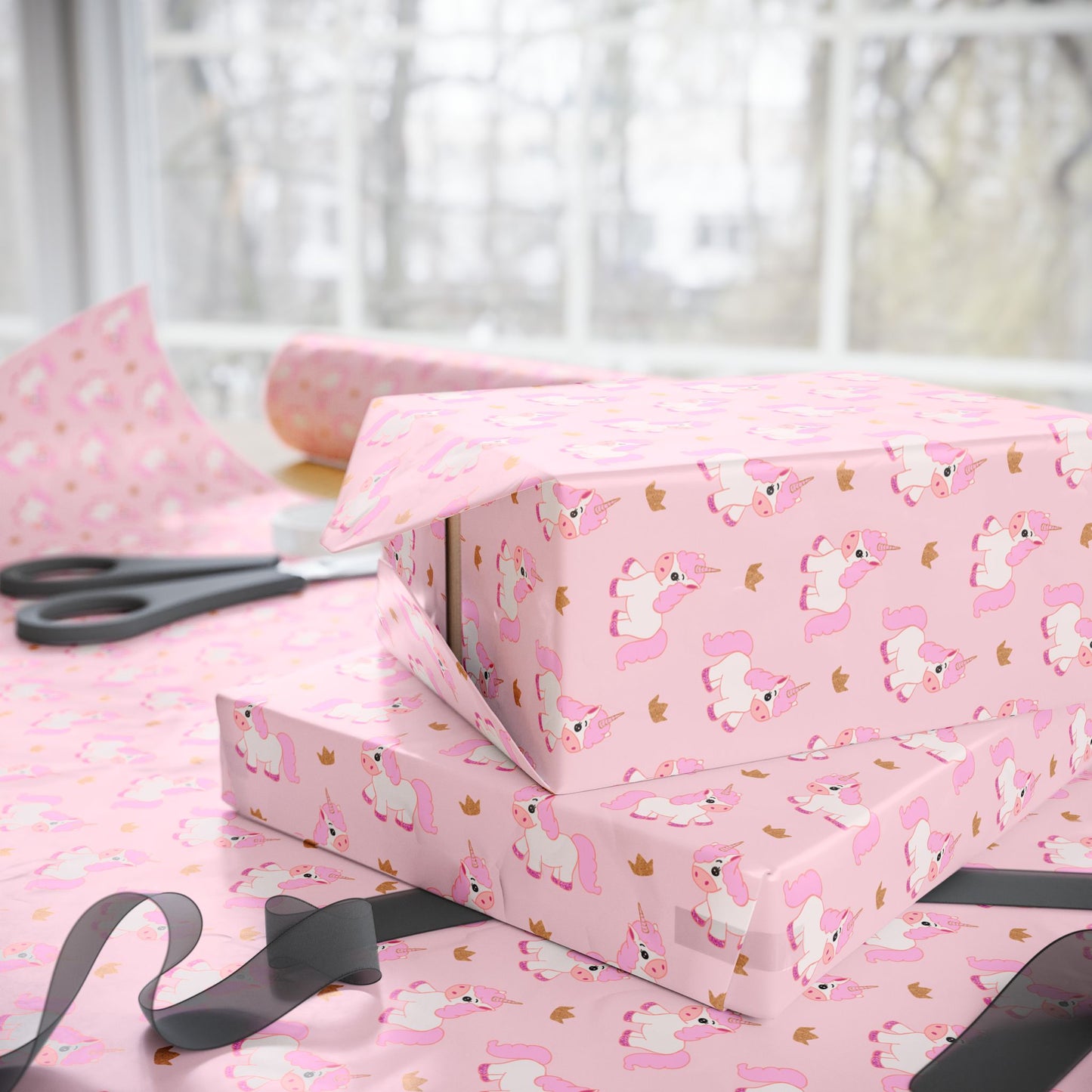 Kids Whimsical Pink Unicorn Gift Wrapping Paper for Birthdays and Celebrations