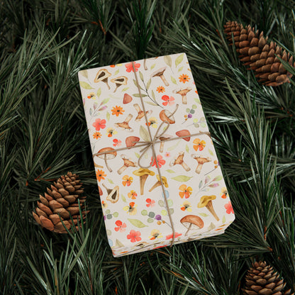 Spring Mushroom and Flower Medley Wrapping Paper - Springtime Mushroom, Flower, and Leaves Gift Wrap Paper - Charming, Cute, Cottagecore