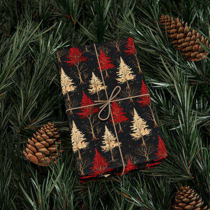 Gold & Red Dark Themed Holiday Trees Gift Wrapping Paper