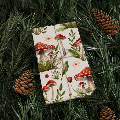 Red Mushroom Wrapping Paper - Amanita Muscaria Mushroom and Leaves Gift Wrap - Cottagecore Design