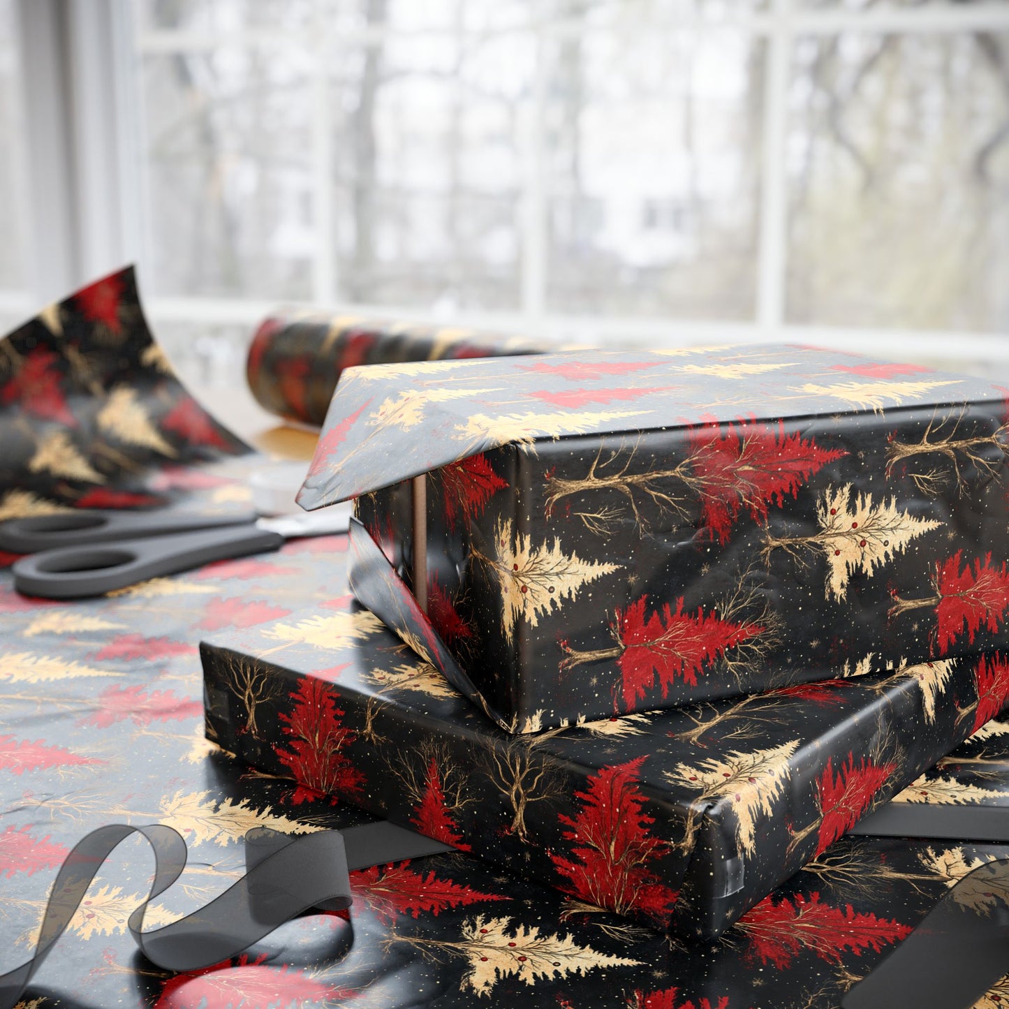 Gold & Red Dark Themed Holiday Trees Gift Wrapping Paper