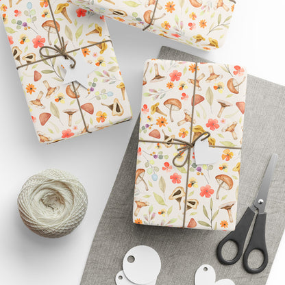 Spring Mushroom and Flower Medley Wrapping Paper - Springtime Mushroom, Flower, and Leaves Gift Wrap Paper - Charming, Cute, Cottagecore