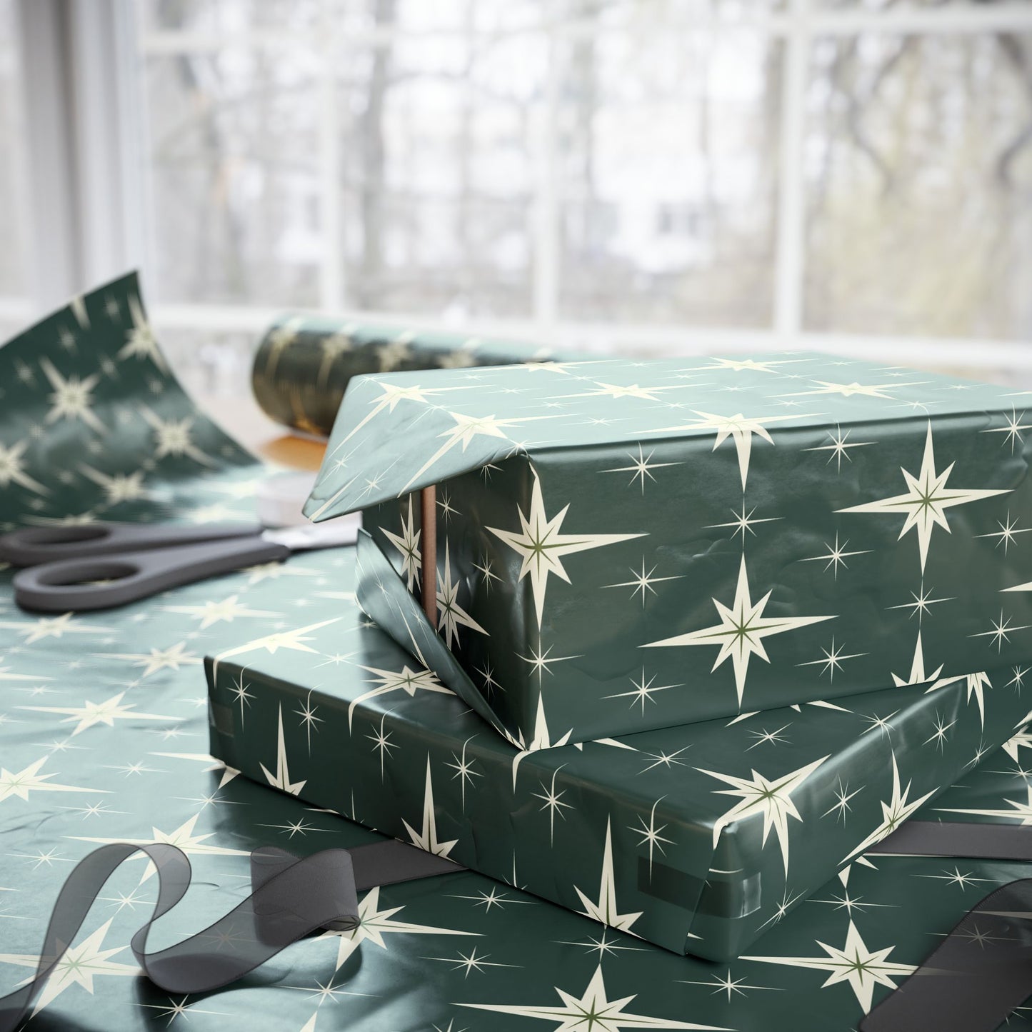 Retro Starry Green Holiday Wrapping Paper