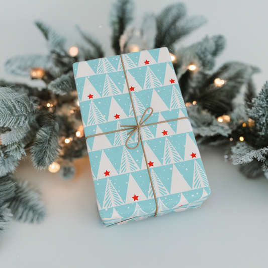 Blue Holiday Trees with Stars Gift Wrapping Paper