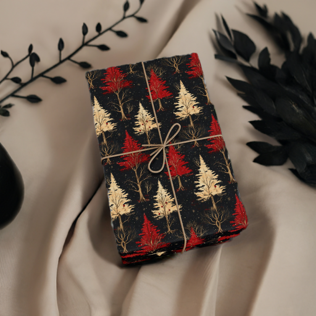 Gold & Red Dark Themed Holiday Trees Gift Wrapping Paper