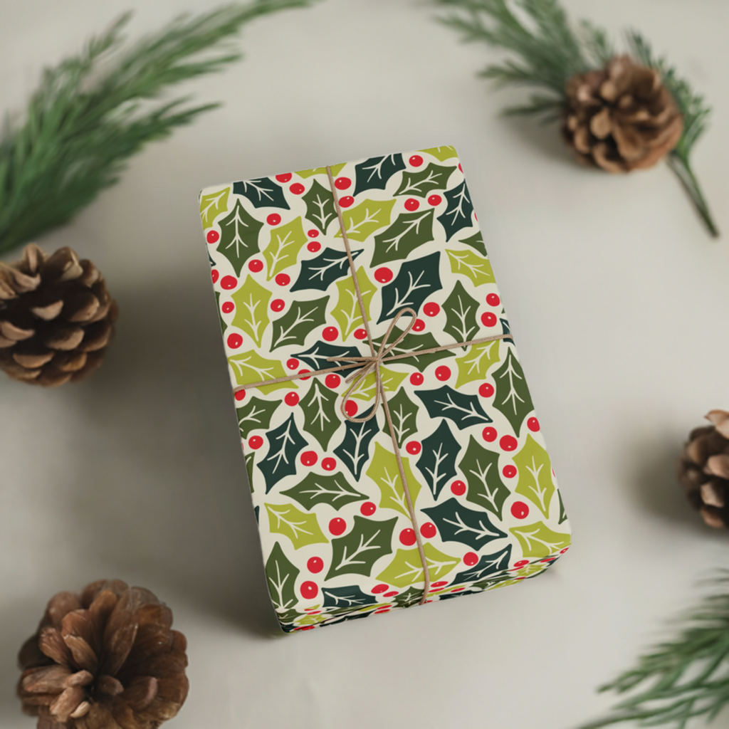 Retro Holly Berry festive Holiday Wrapping Paper