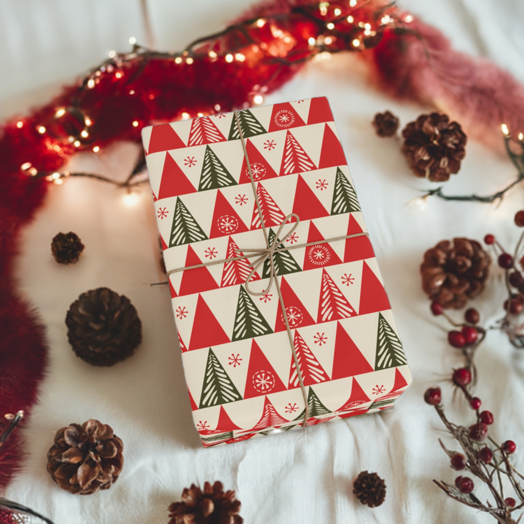 Retro Red Trees Holiday Gift Wrapping Paper