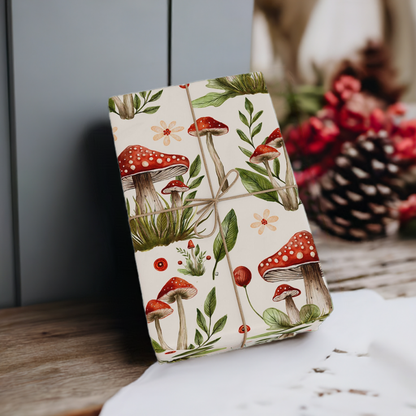 Red Mushroom Wrapping Paper - Amanita Muscaria Mushroom and Leaves Gift Wrap - Cottagecore Design