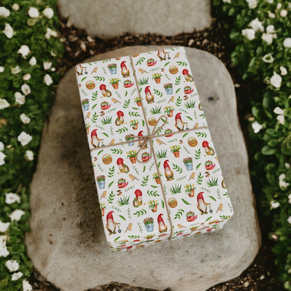 Happy Gnome Cottagecore Wrapping Paper - Watercolor Gnome, Flower, and Mushroom Cottagecore Designed Gift Wrap Paper
